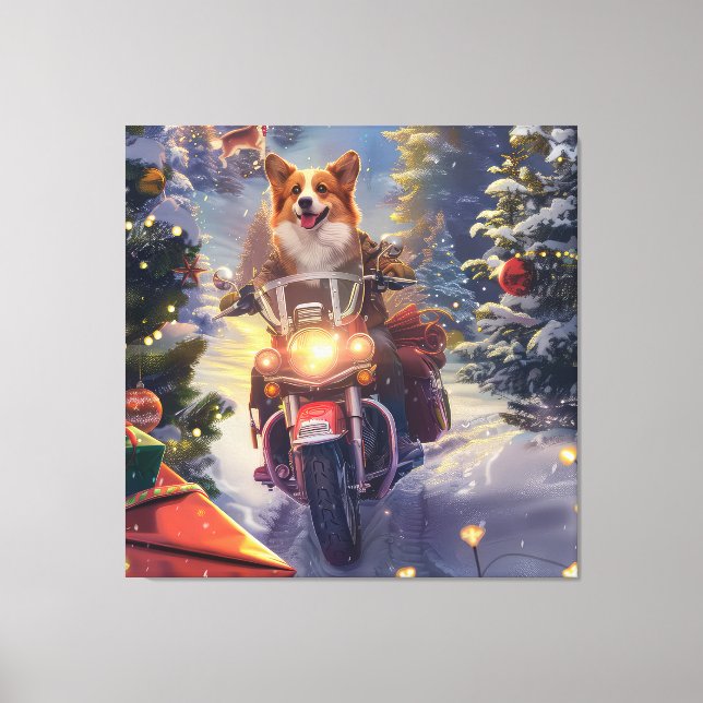 Toile Corgi Chien équitation Moto Noël (Recto)