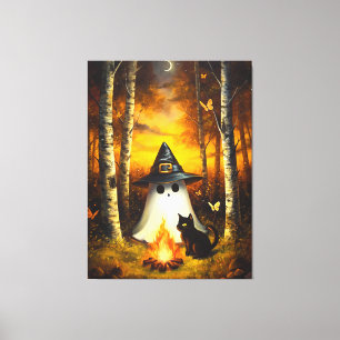 Toile Cosy Halloween Ghost & Black Cat Campfire Art
