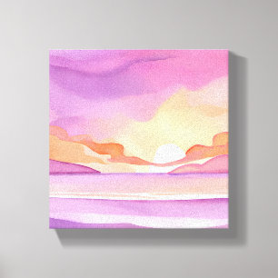 Toile Coucher de soleil aquarelle rose Beau ciel océan