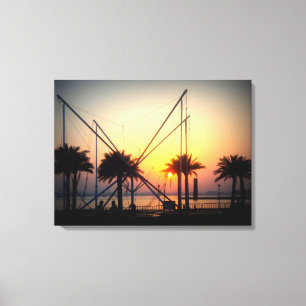 Toile Coucher de soleil avec palmiers et trampoline