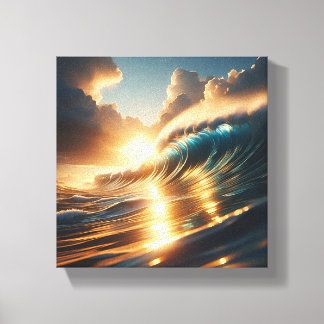 Toile Coucher de soleil doré majestueux - Vague océaniqu