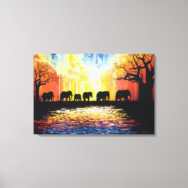 Toile Coucher de soleil et éléphants africains - peintur (Recto)