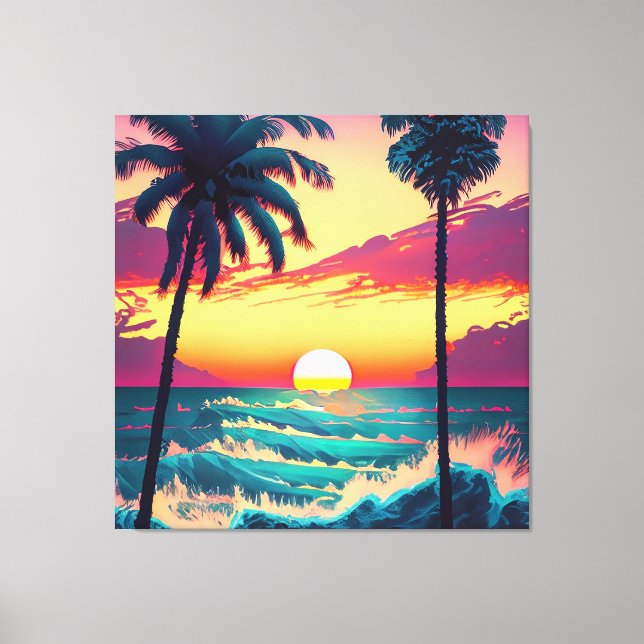 Toile Coucher de soleil sur la plage avec Palmiers Peint (Recto)