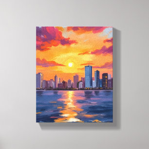 Toile Coucher de soleil sur la skyline de la ville aquar