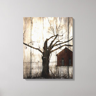 Toile Country primitive Woodgrain Winter Tree Red Barn