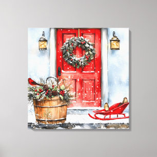 Toile Couronne de porte de Noël rouge hivernal rustique