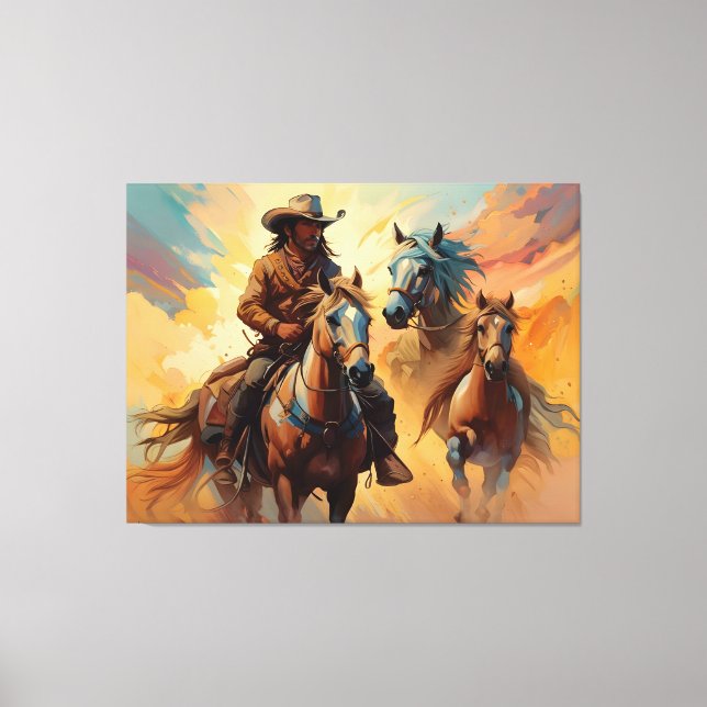 Toile Cowboy Chevaux Occidentaux bleu Tan Collage (Recto)
