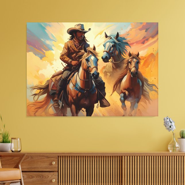 Toile Cowboy Chevaux Occidentaux bleu Tan Collage (Insitu(Salon))