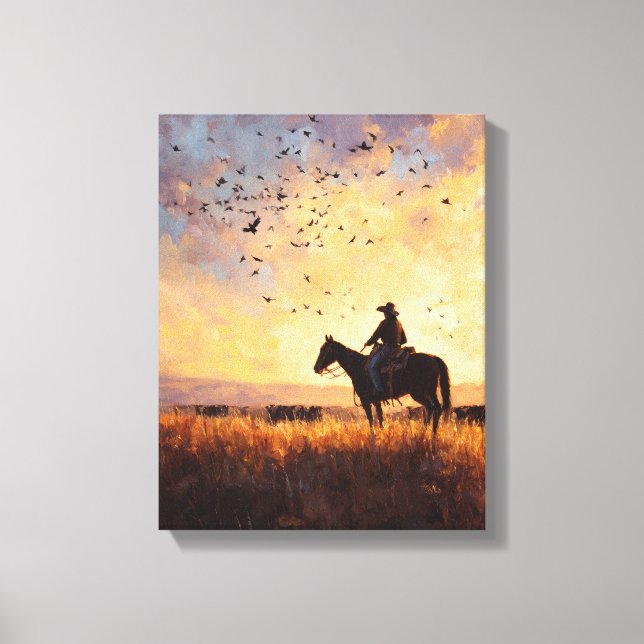 Toile Cowboy Sunset Ride Silhouette Painting (Recto)
