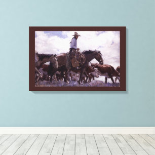 Toile Cowboy vintage avec son troupeau de bétail par Koe