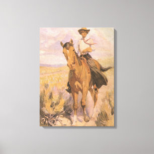 Toile Cowboy vintage de cow-girl, femme sur le cheval