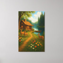 Toile Cozy Woodland Cabin With Deer Stretched Canvas