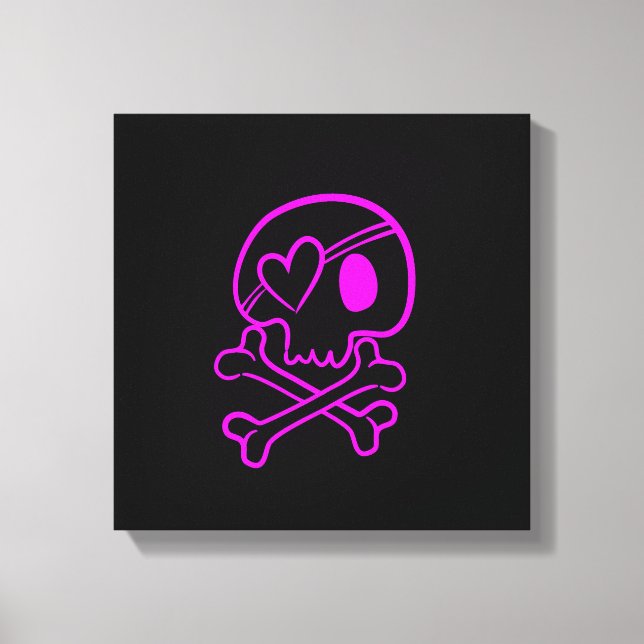 Toile Crâne rose chaud et os croisés sur noir (Recto)