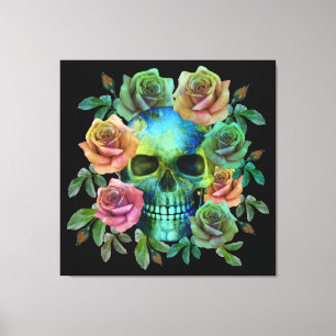 TOILE CRÂNE VERT DE LA MORT AVEC FLEURS