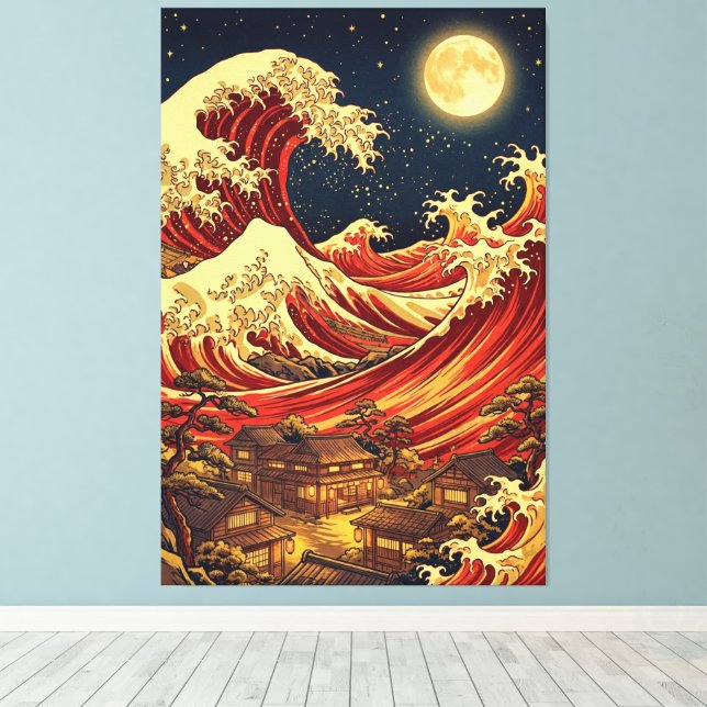 Toile Crimson Moon Over Japanese Coast – Ukiyo-e Style (Insitu (Plancher de Bois))