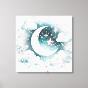 Toile Croissant de Lune Céleste Bleu et Blanc Bohème Mod