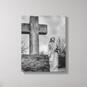Toile Crucifix et ange en noir et blanc