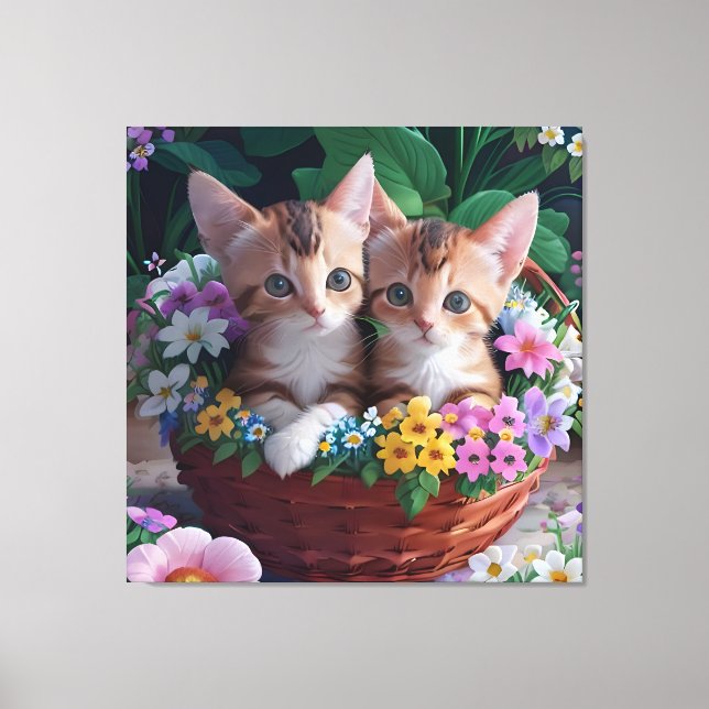 Toile Cuisinement Cute Kittens dans un panier à fleurs (Recto)