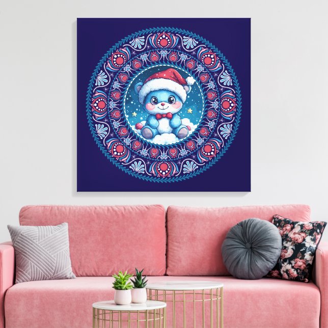 Toile Cute Bleu Noël Kawaii Ours Point Mandala Canvas (Insitu(Salon))
