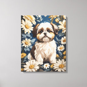 Toile Cute Chih Tzu Chien Blanc Fleurs De Faisée