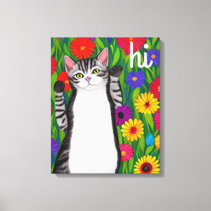 Toile Cute Folk Art Chat disant Hi parmi les fleurs