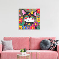 Cute Folk Art Chat noir et fleurs