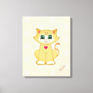 Toile Cute Kitty Chat & Motif Paw sur Coral