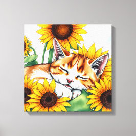 Toile Cute Napping Kitten and Sunflowers