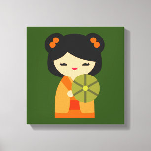 Toile Cute orange Kokeshi poupées japonaises