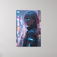 Cyberpunk Cityscape Poster Futuriste Femme Hacke
