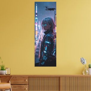 Toile Cyberpunk Cityscape Poster Futuriste Femme Hacke