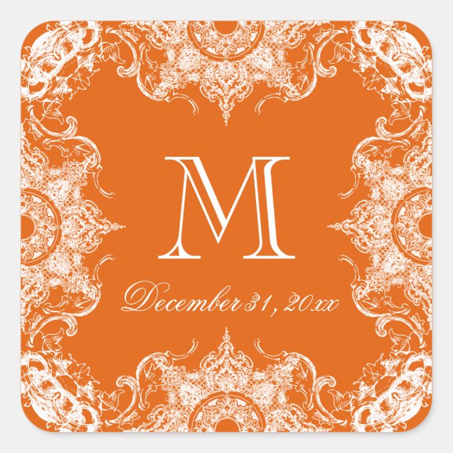 Toile Damask Swirf Matching Sticker- Mandarine Quadratischer Aufkleber (Vorderseite)