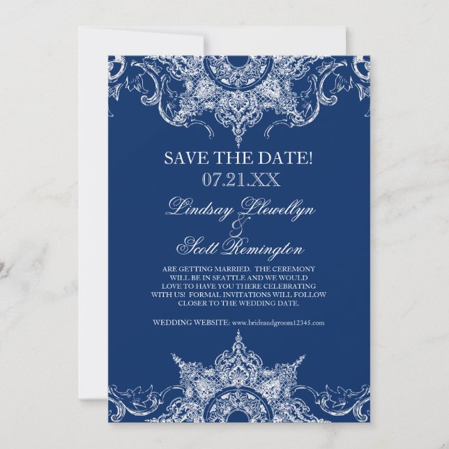 Toile Damask Swirl Save the Dates Navy Blue Einladung (Vorderseite)