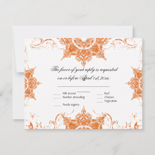 Toile Damask Swirl Wedding RSVP Card Mandarine (Vorderseite)