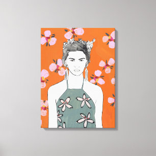 Toile Dame aux fleurs roses - Orange