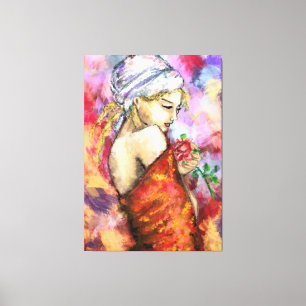 Toile Dame avec Rose - Abstraite femme peinture original