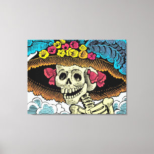 Toile Dame Crâne de Sucre au Chapeau de Soleil Floral Gr
