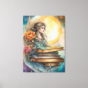 Toile Dame, lune, fleurs et livres de style bohème