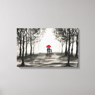 Toile d'art couple d'amour parapluie rouge