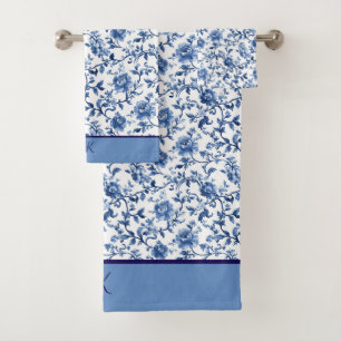 Toile de Chine florale bleue et blanche avec monog