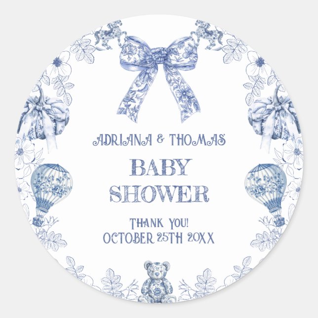 Toile de jouy Baby Dusche Vielen Dank Runder Aufkleber (Vorderseite)