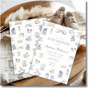 Toile De Jouy Baby Shower Blaue Schleife Jungen-Ei Einladung
