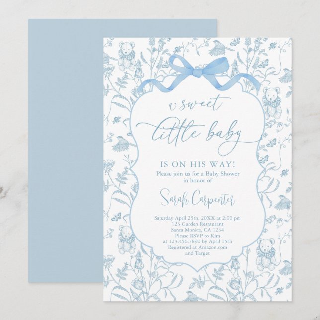 Toile De Jouy Baby shower bleu Bow Boy Invitation (Devant / Derrière)