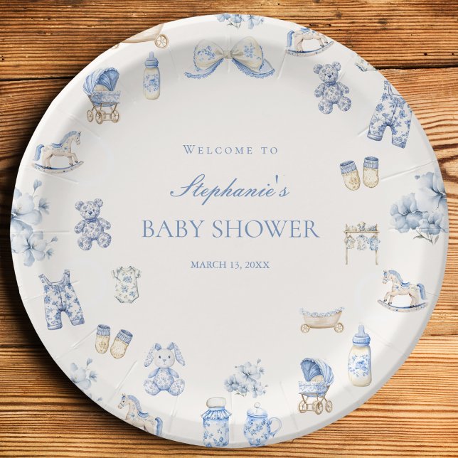 Toile De Jouy Baby Shower Blue Bow Boy Pappteller (Toile De Jouy Baby Shower Blue Bow Boy Paper Plates)