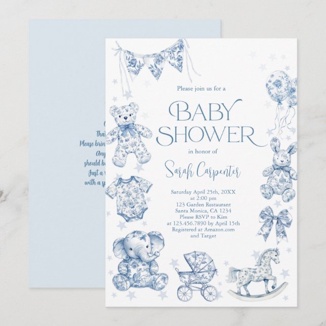 Toile De Jouy Baby Shower Boy Einladung (Vorne/Hinten)