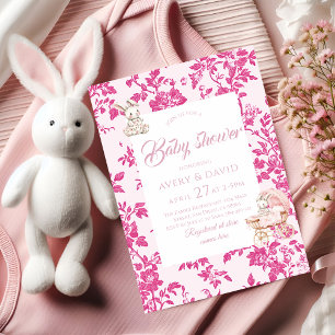 Toile de Jouy Baby Shower Dusty Pink Teddy Bear Einladung