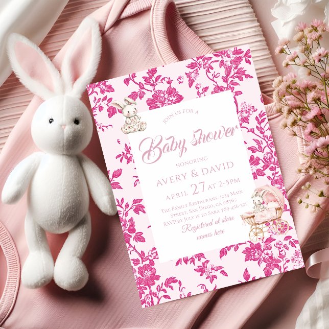Toile de Jouy Baby Shower Dusty Pink Teddy Bear Einladung (Von Creator hochgeladen)