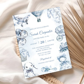 Toile De Jouy Blaues Baby Shower Party für Jungen Einladung