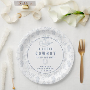 Toile de Jouy Blaues Cowboy Western Baby Shower Pappteller