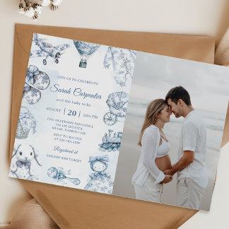 Toile De Jouy Blaues Jungen-Baby-Party-Foto Einladung